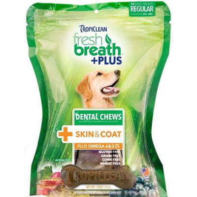 多美洁清新口气洁齿骨皮毛保护配方 10支中号Tropiclean Fresh Breath Plus Dental Chews - Skin & Coat (10 Regular pcs)